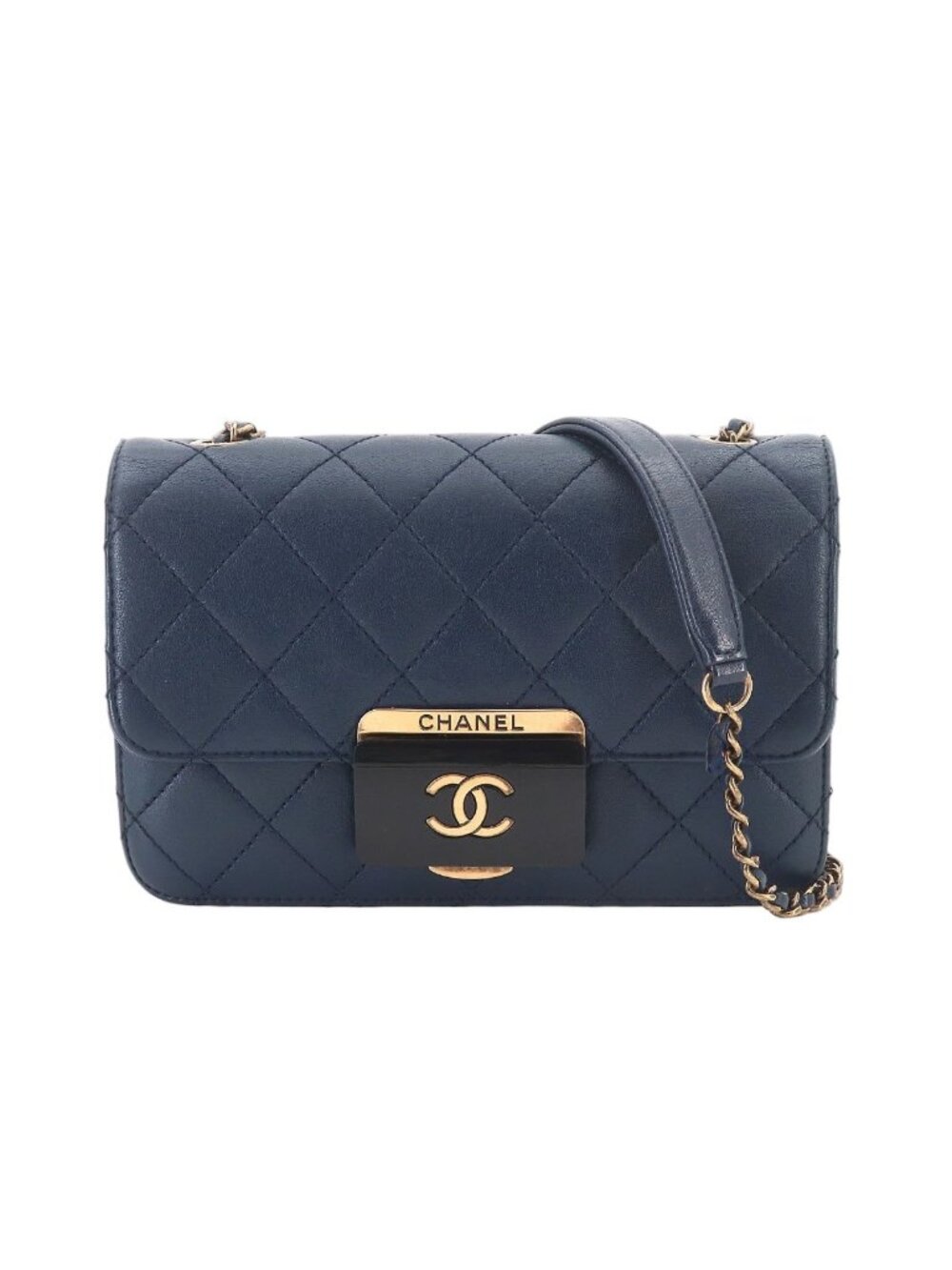 Chanel Beauty Lock Chain Shoulder Bag Leather Navy Gold